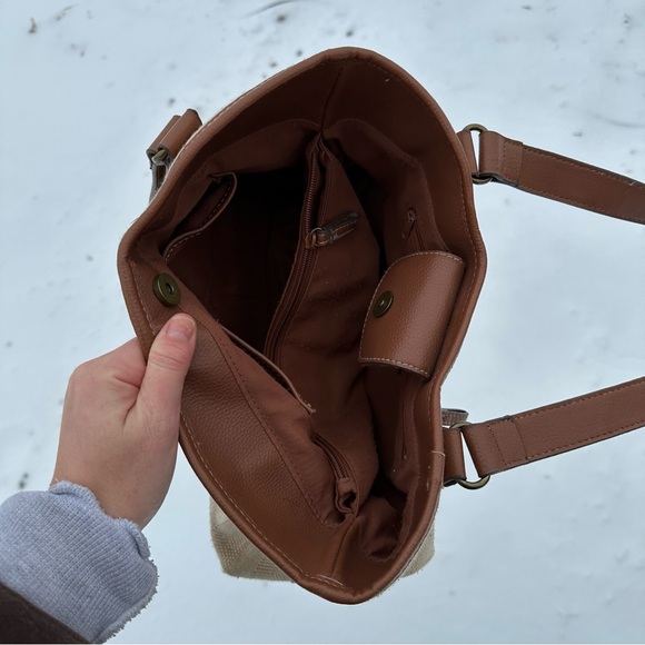 St. John’s Bay Vintage Cavas Leather Boho Buckle Tote Shoulder Neutral Bag Purse - Picture 7 of 9